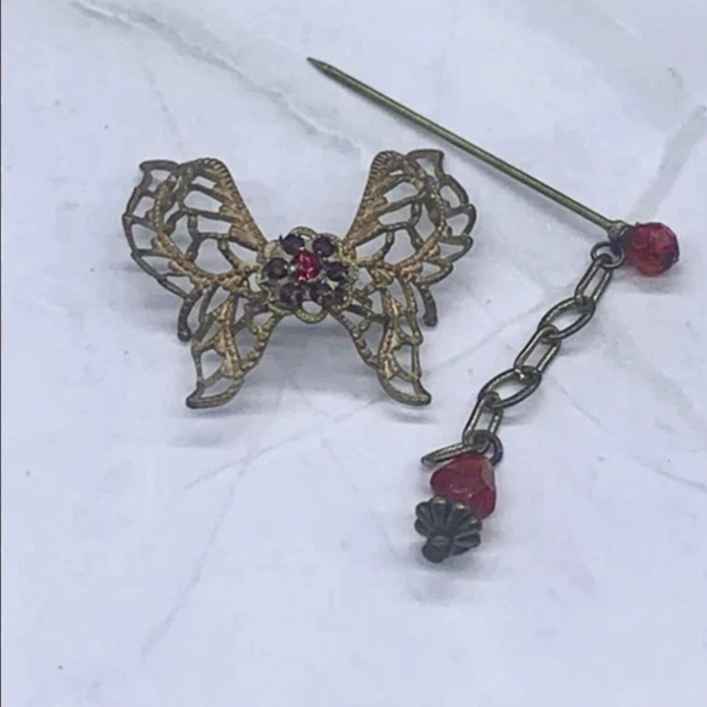 Butterfly Filigree Hair Clip Barrette Chain Dangle Red Crystal Hair Pin