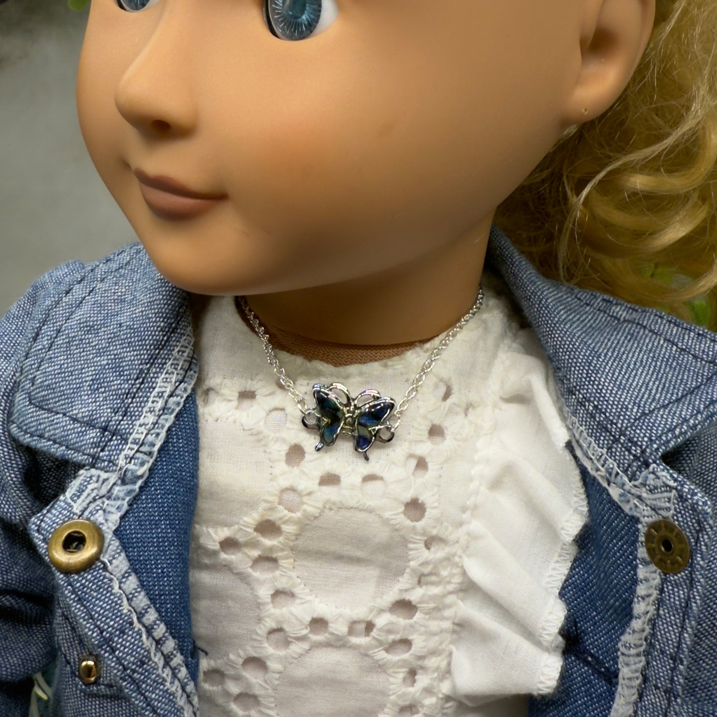 Blue Turquoise Enamel Butterfly Charm Silver Doll Necklace • 18 Inch Fashion Doll Jewelry