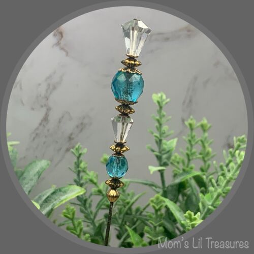 Turquoise Blue & Clear Crystal - Gold Tone Findings- 6” Pin • Hatpin - Stick Pin