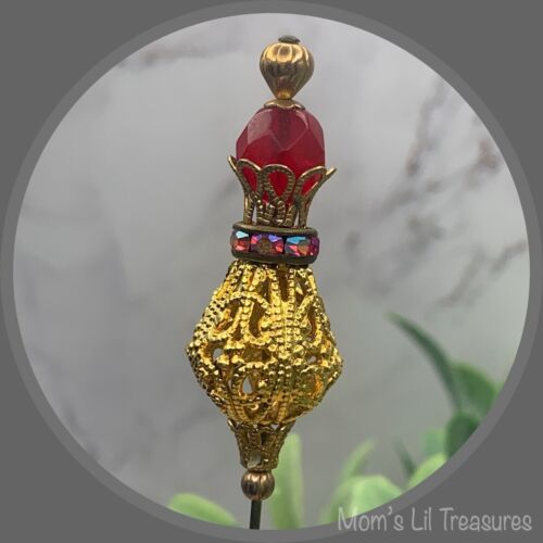 Red Glass Rhinestone Gold Tone Filigree Hatpin - Stick Pin • 6” Pin