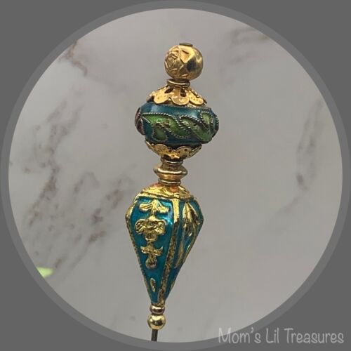 Blue Turquoise Cloisonné - Gold Tone Filigree - 6” Pin • Hatpin - Stick Pin