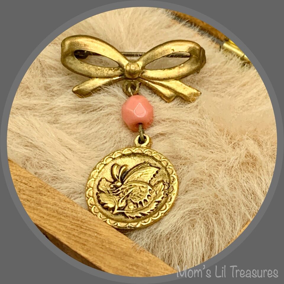 Gold Tone Bow Pin Pink Bead Gold Butterfly Flower Design Dangle • Doll Brooch