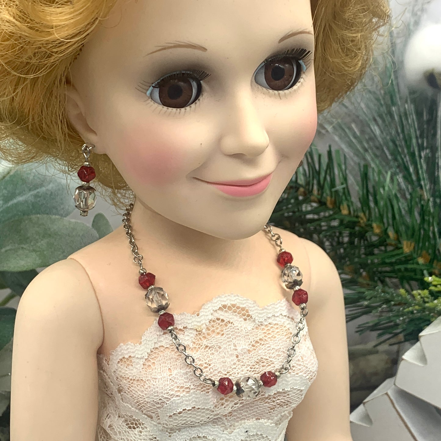 Red Clear Glass Crystal Silver Chain Necklace Earring Set 18-22” Doll Jewelry for 18-22” Doll Jewelry