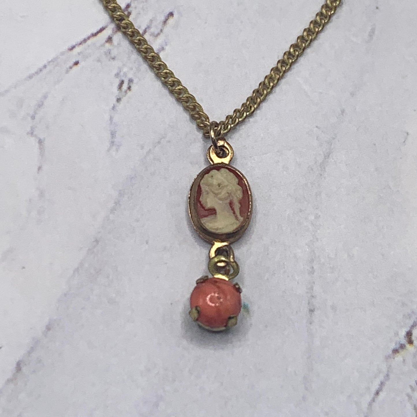 Coral Cameo Pendant Gold Chain Doll Necklace • 16” Fashion Doll Necklace