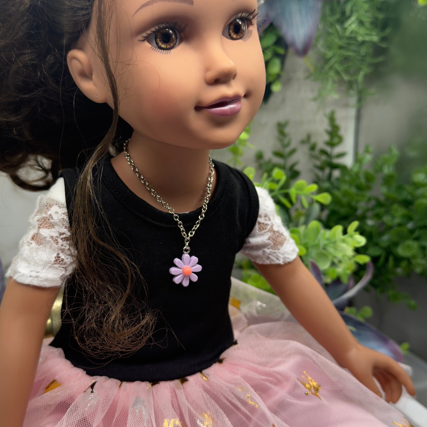 Purple Flower Daisy Charm Silver Chain Doll Necklace• 18 Inch Fashion Doll Jewelry