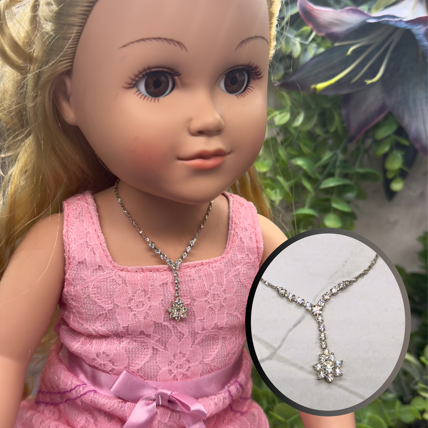 Flower Y Style Rhinestone Silver Doll Necklace • 18 inch Fashion Doll Jewelry