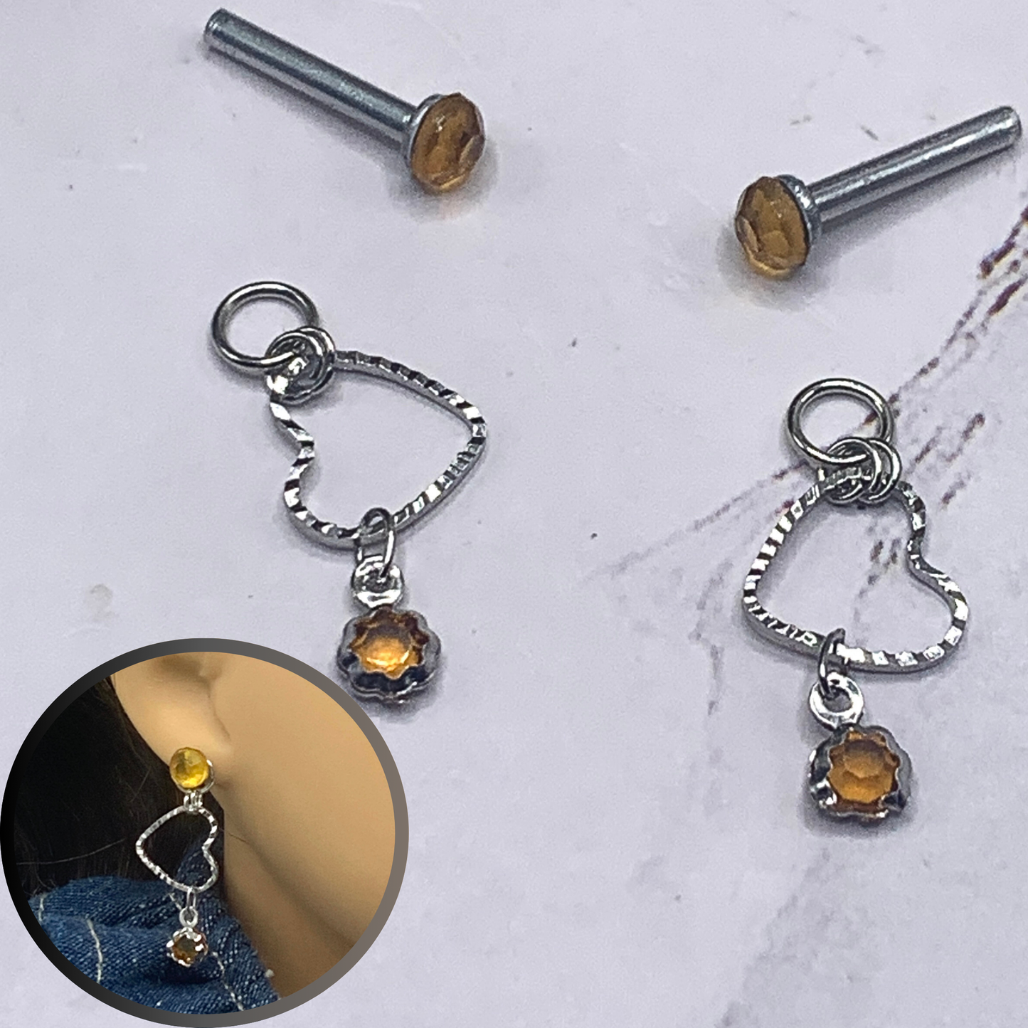 Golden Amber Rhinestone Post Silver Heart Doll Earring fits 18” American Girl