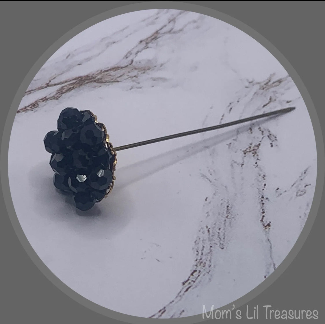 Hatpin - Stick Pin • Black Faceted Crystal Bead Cluster Gold Filigree Base - 3”