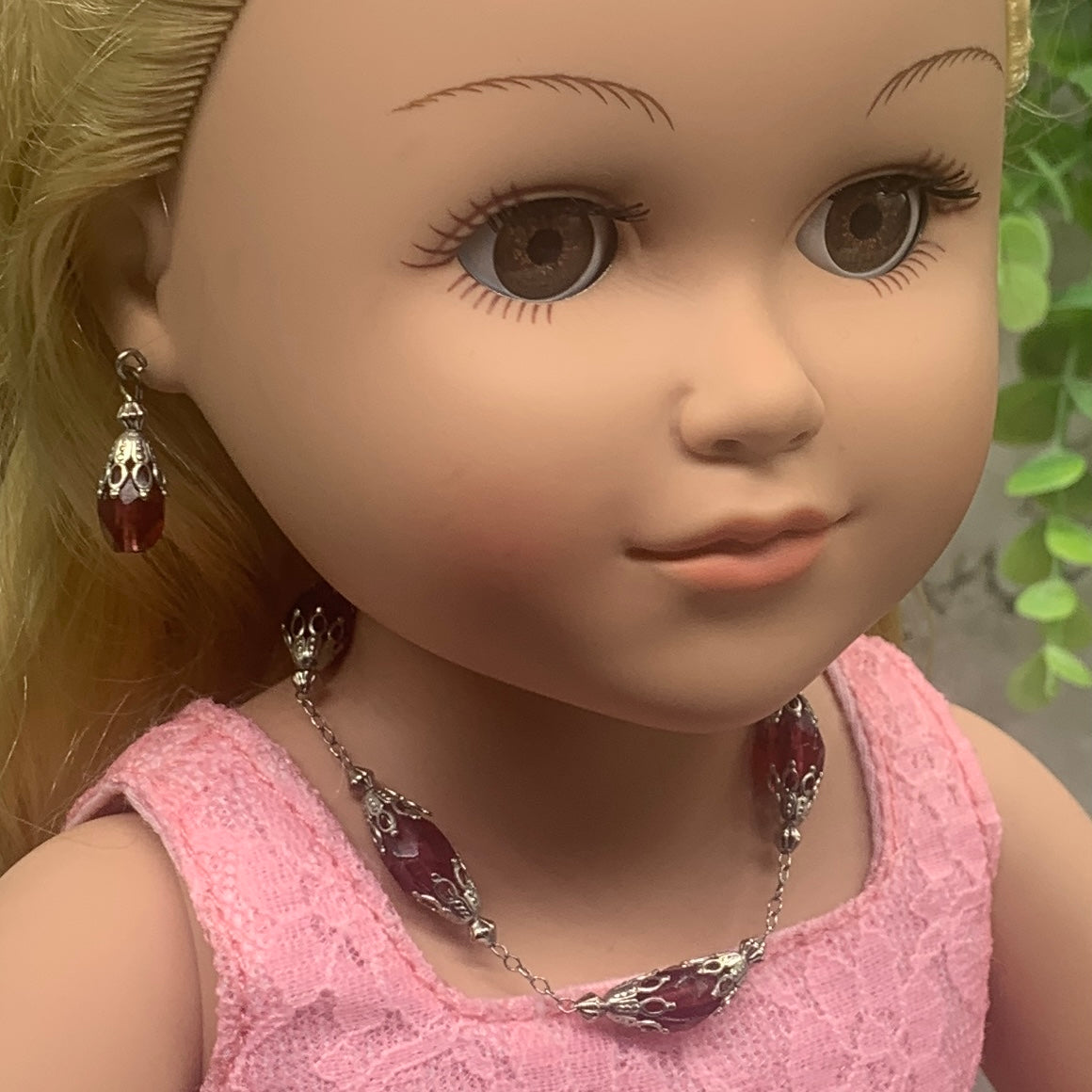 Wine Red Glass Silver Filigree Necklace and Earrings Set • 18” Fashion Doll Jewelry