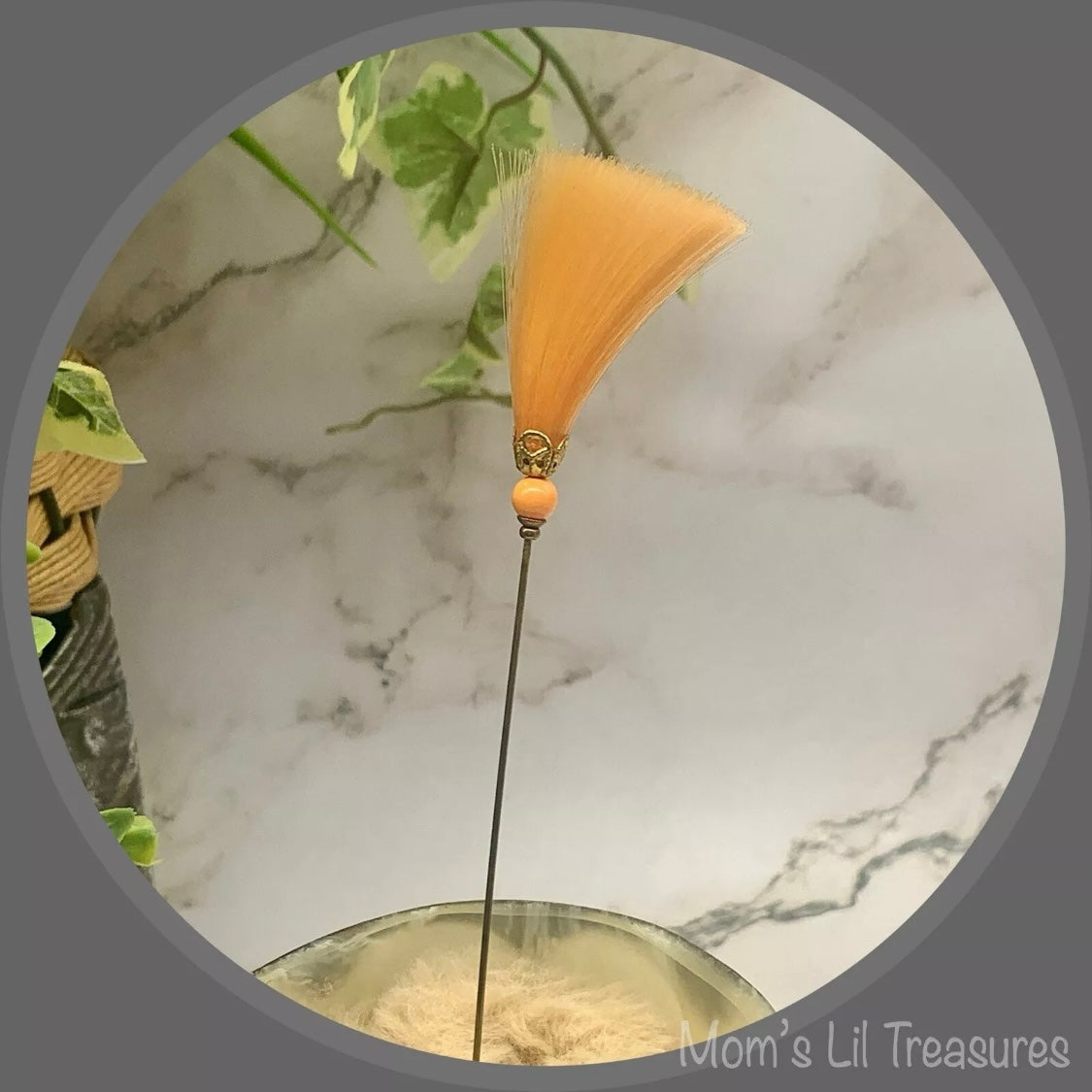 Peach Orange Fiber Tassel Broom Gold Tone Filigree • 7.25” Hatpin - Stick Pin