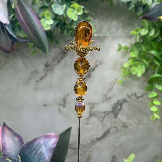 Gold yellow Amber Color Crystal Flower Design 8.5” Pin • Hatpin - Stick Pin