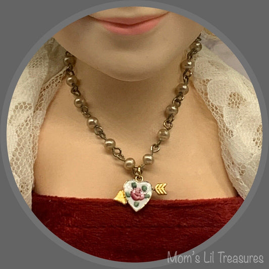 White Enamel Heart Rose Pendant Pearl Necklace• Jewelry for 18-22” Vintage Dolls