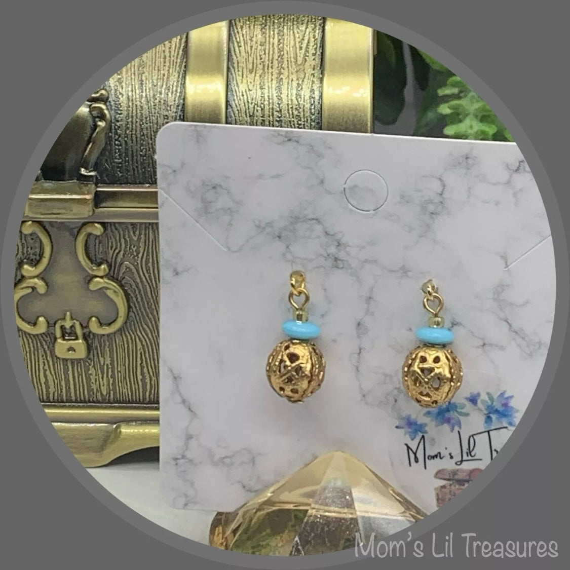 Blue Glass Gold Filigree Ball Dangle Doll Earrings • 18” Fashion Doll Jewelry