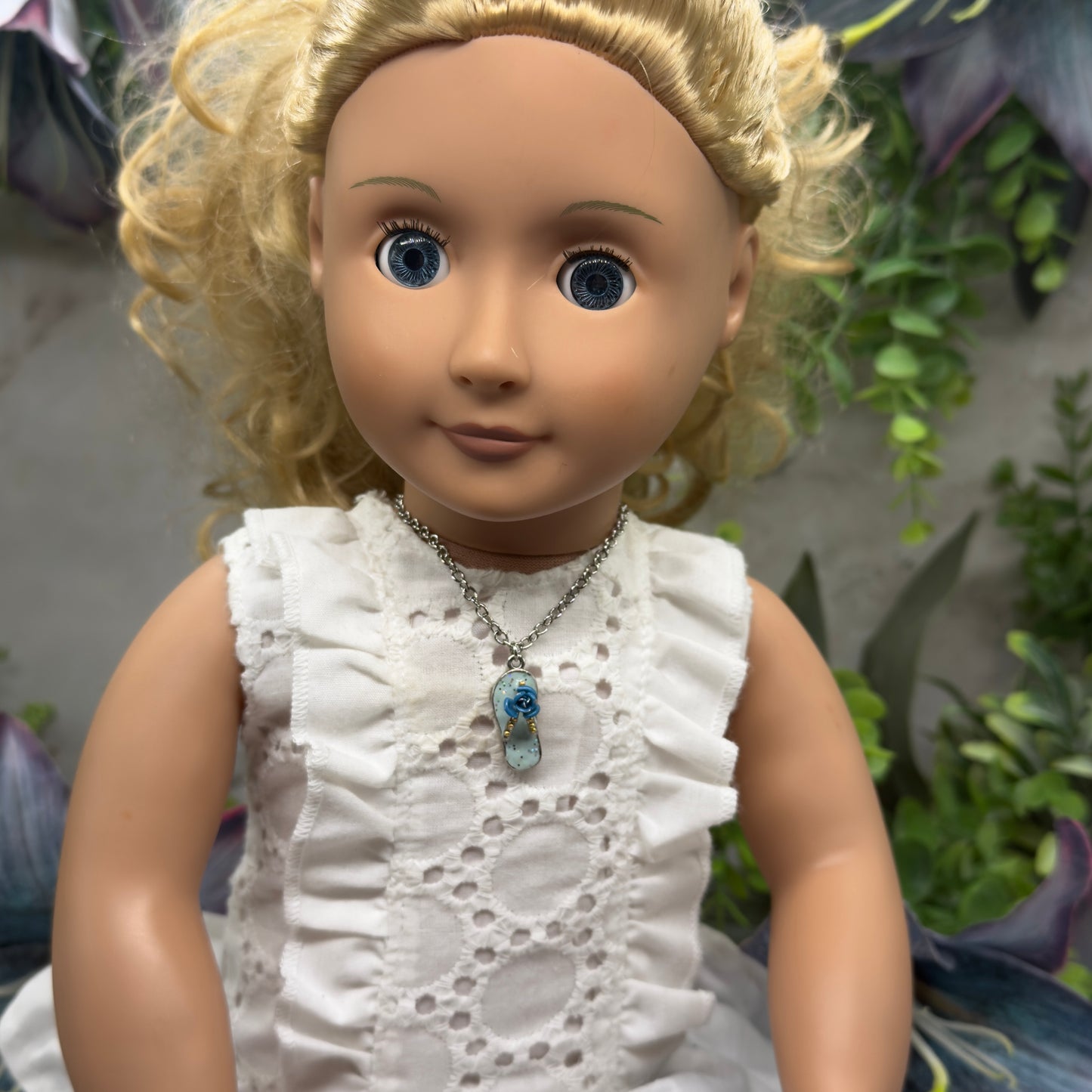 Blue Flip Flip Sandal Rose Accent Charm Silver Doll Necklace• 18 Inch Fashion Doll Jewelry