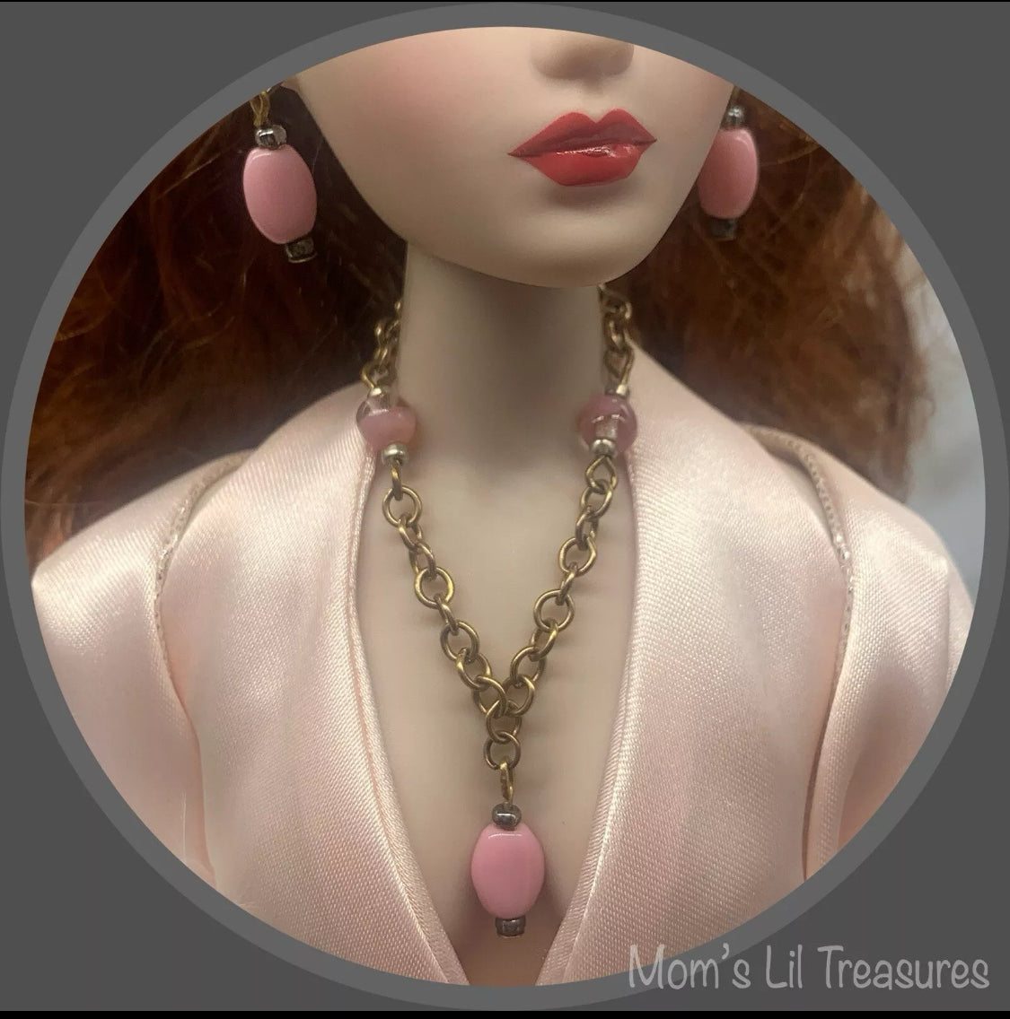 16” Fashion Doll Jewelry • Pink Glass Copper Chain Doll Necklace Earrings Set