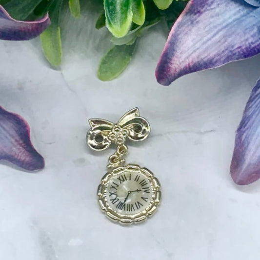 Gold Tone Simulated Watch / Mother of Pearl Face Clock Pin • Doll Brooch