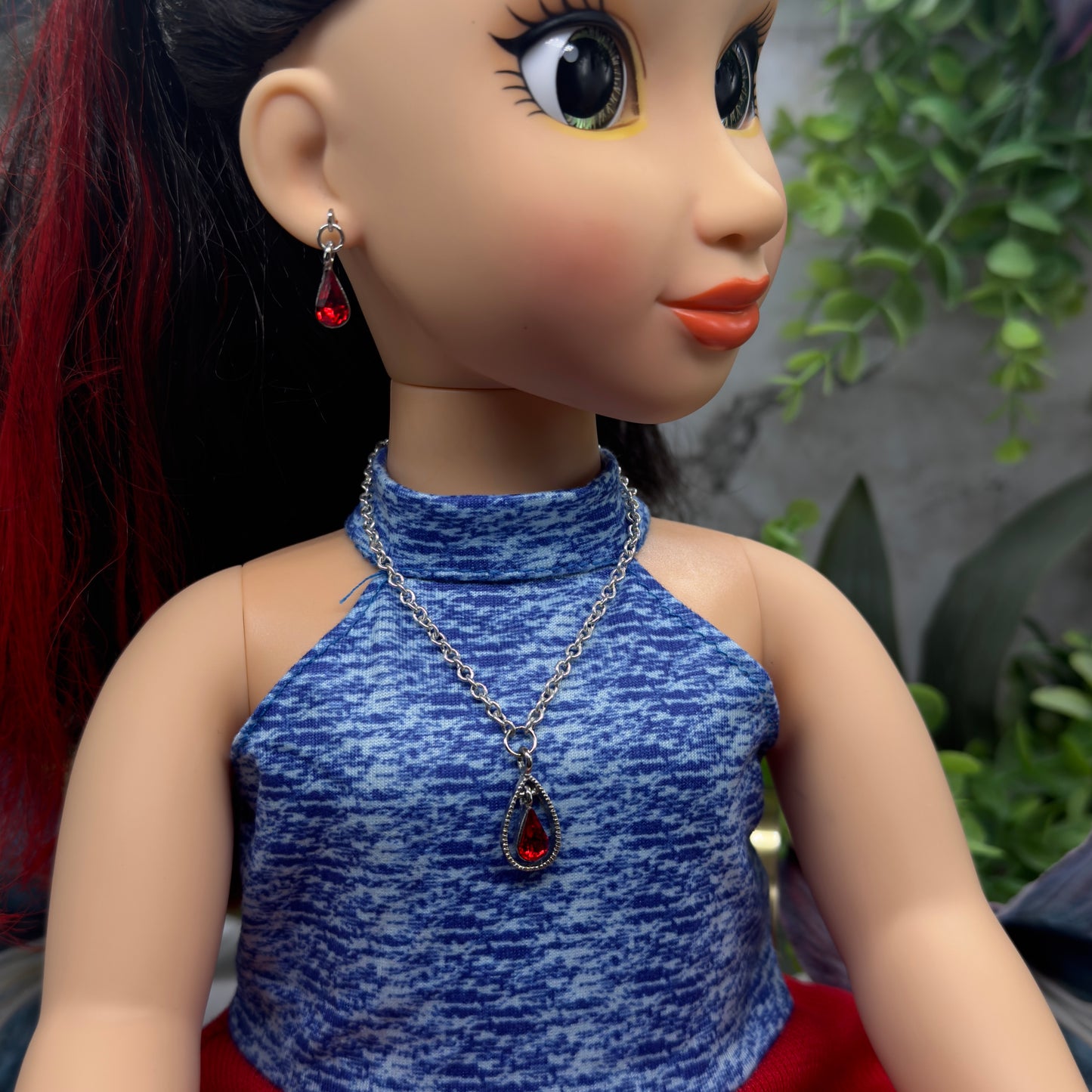 Red Teardrop Rhinestone Necklace & Earrings Set • 18” Fashion Doll Jewelry