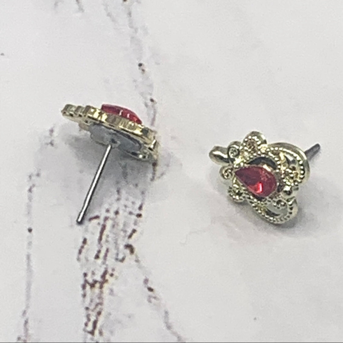 Gold Filigree Red Rhinestone Heart Post Doll Earrings • 18 Inch Doll Jewelry