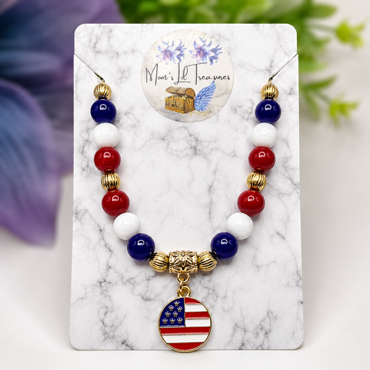 Red White Blue Beaded America Flag Round Charm Doll Necklace for 18 Inch Fashion Doll