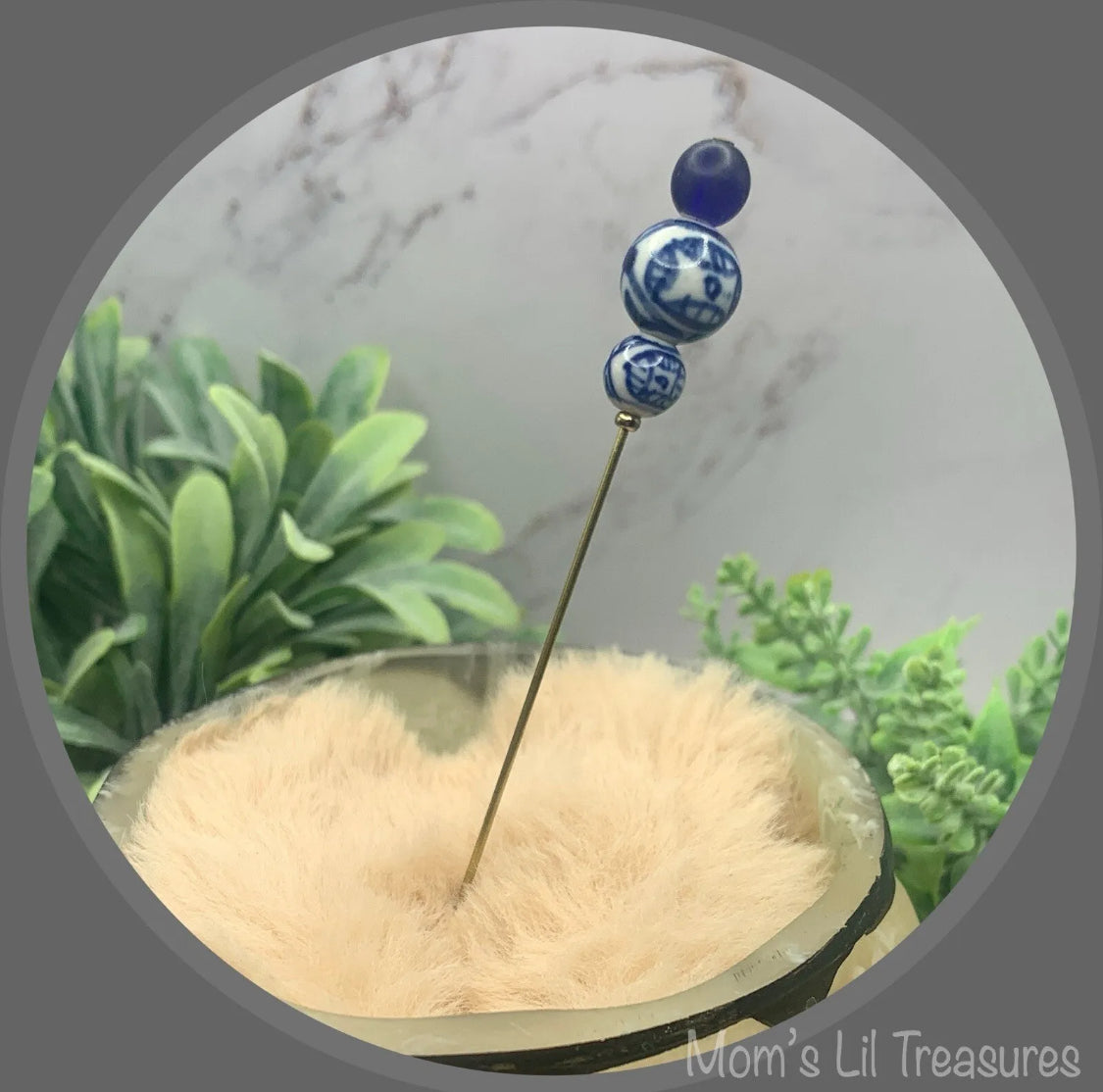 Blue White Glass Beaded 5” Pin • Hatpin - Stick Pin