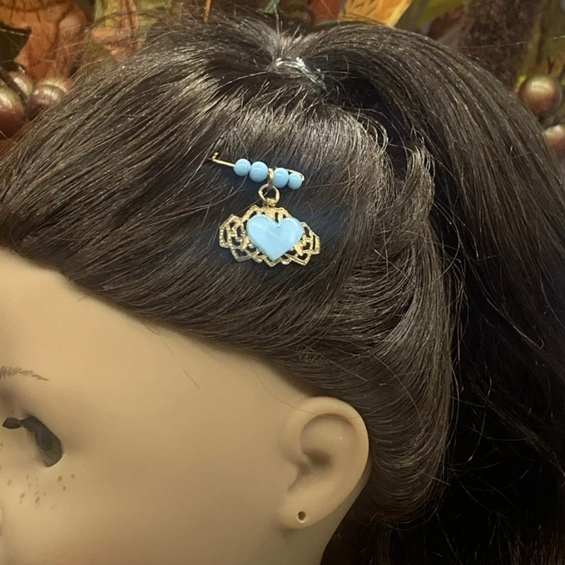 Blue Heart Beaded Gold Filigree Hair Clip Barrette • 18” Fashion Doll Accessory