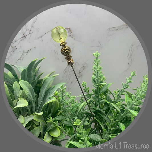 Light Yellow Glass Crystal - Gold Rose Design Bead - 8” Pin • Hatpin - Stick Pin