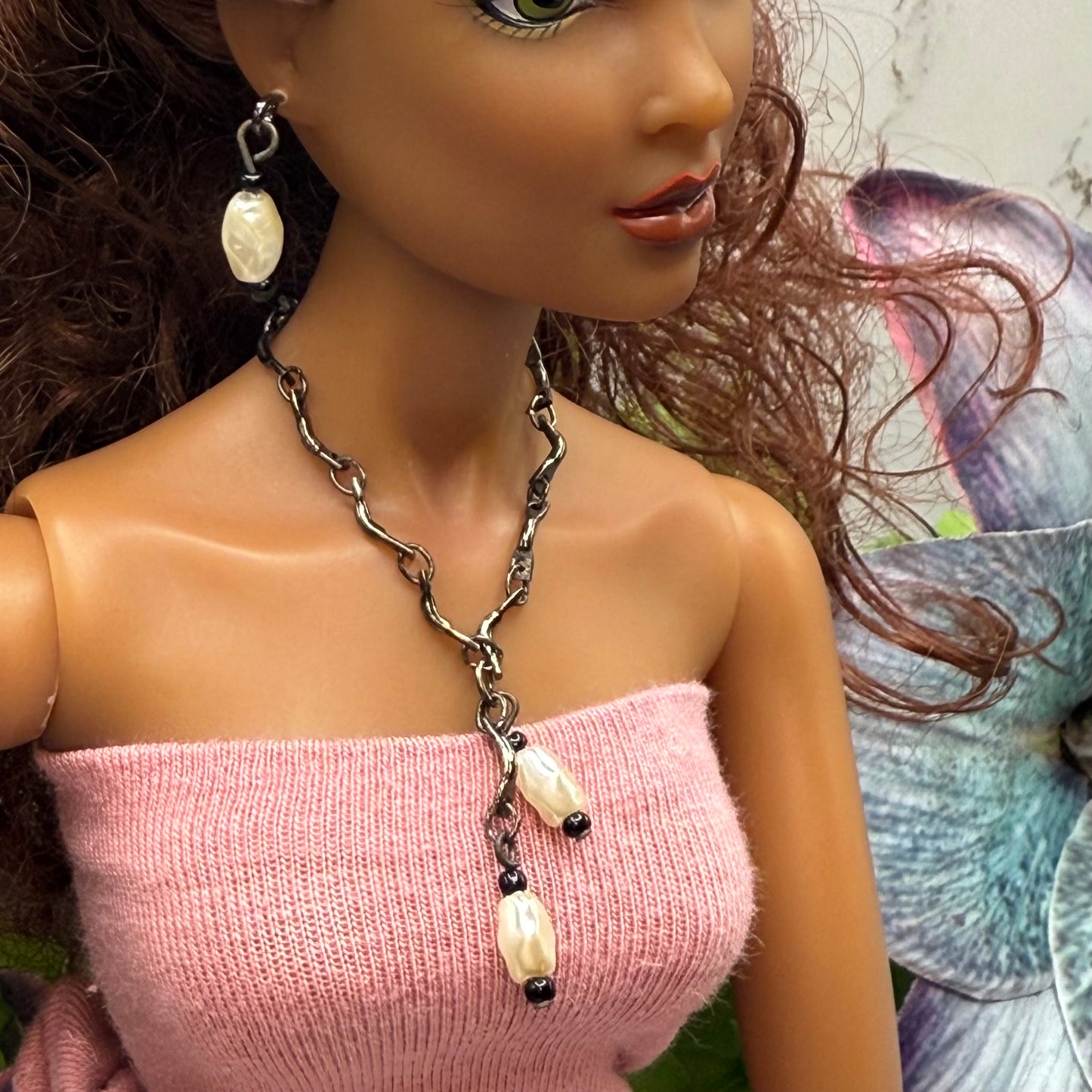 Black Chain Pearl Dangle Doll Necklace & Earrings Set • 16 Inch Fashion Doll Jewelry