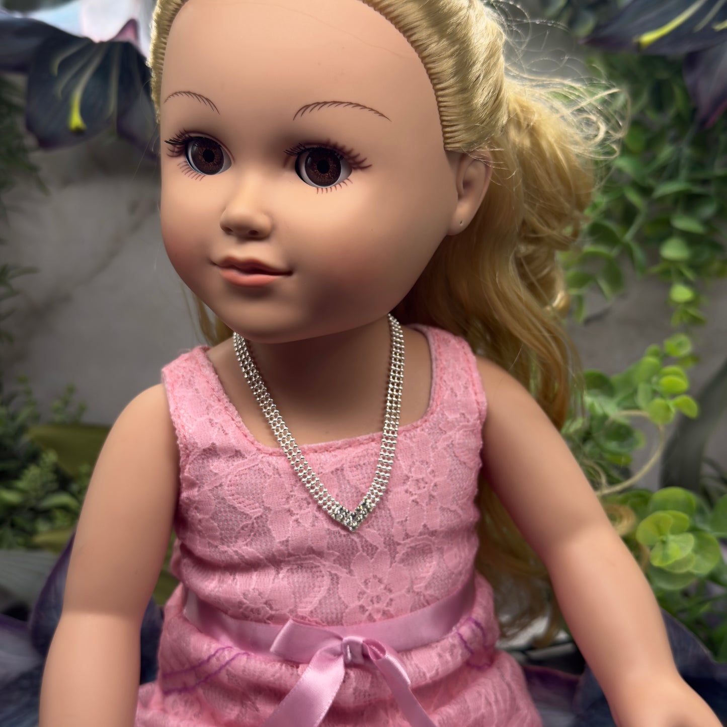 Clear Rhinestone V-Shape Silver Connected Ball Design Chain Doll Necklace • 18 Inch Fashion Doll Jewelry