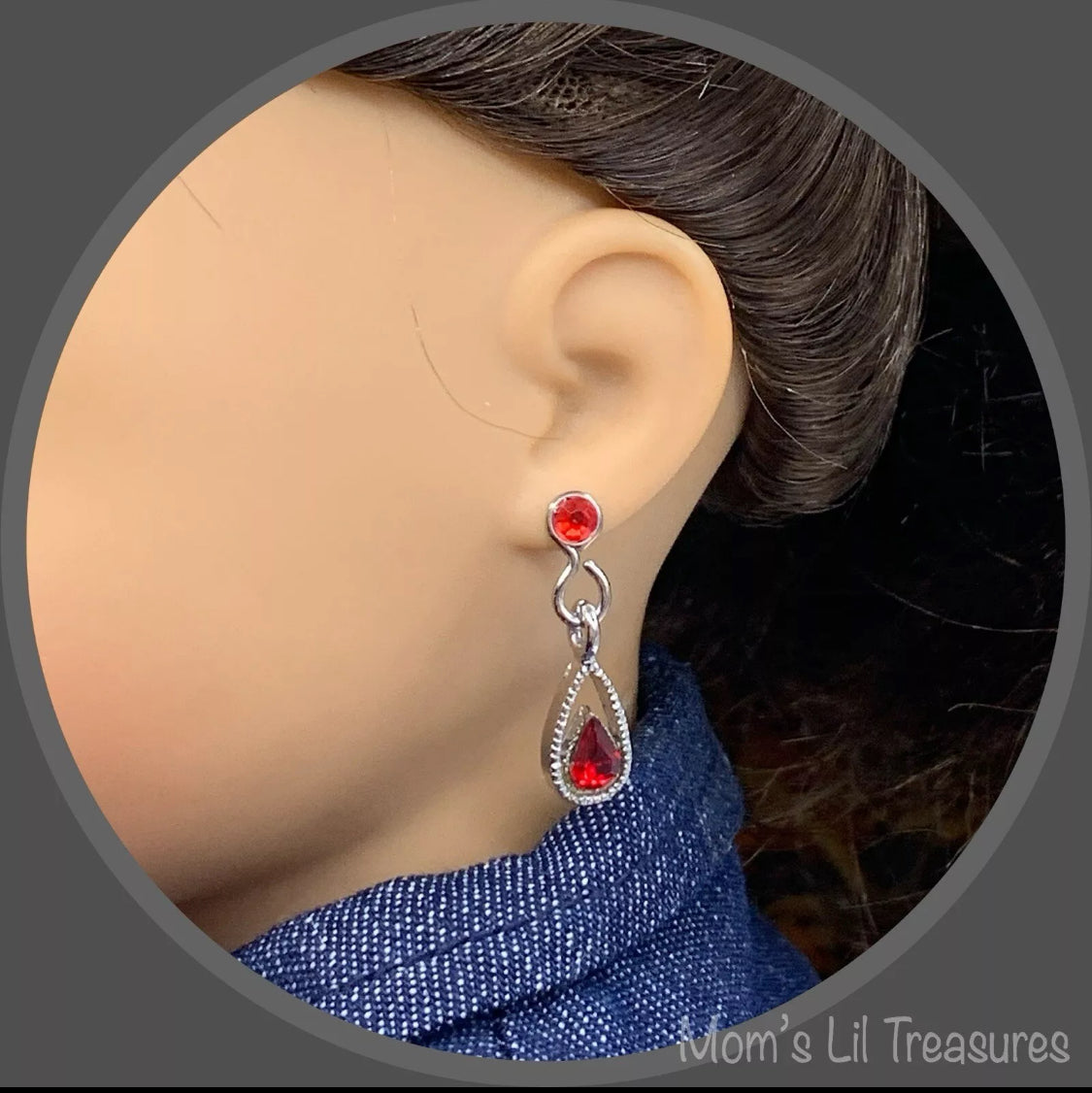 Red Rhinestone Silver Teardrop Doll Earring DANGLES •fits 18” American Girl Doll