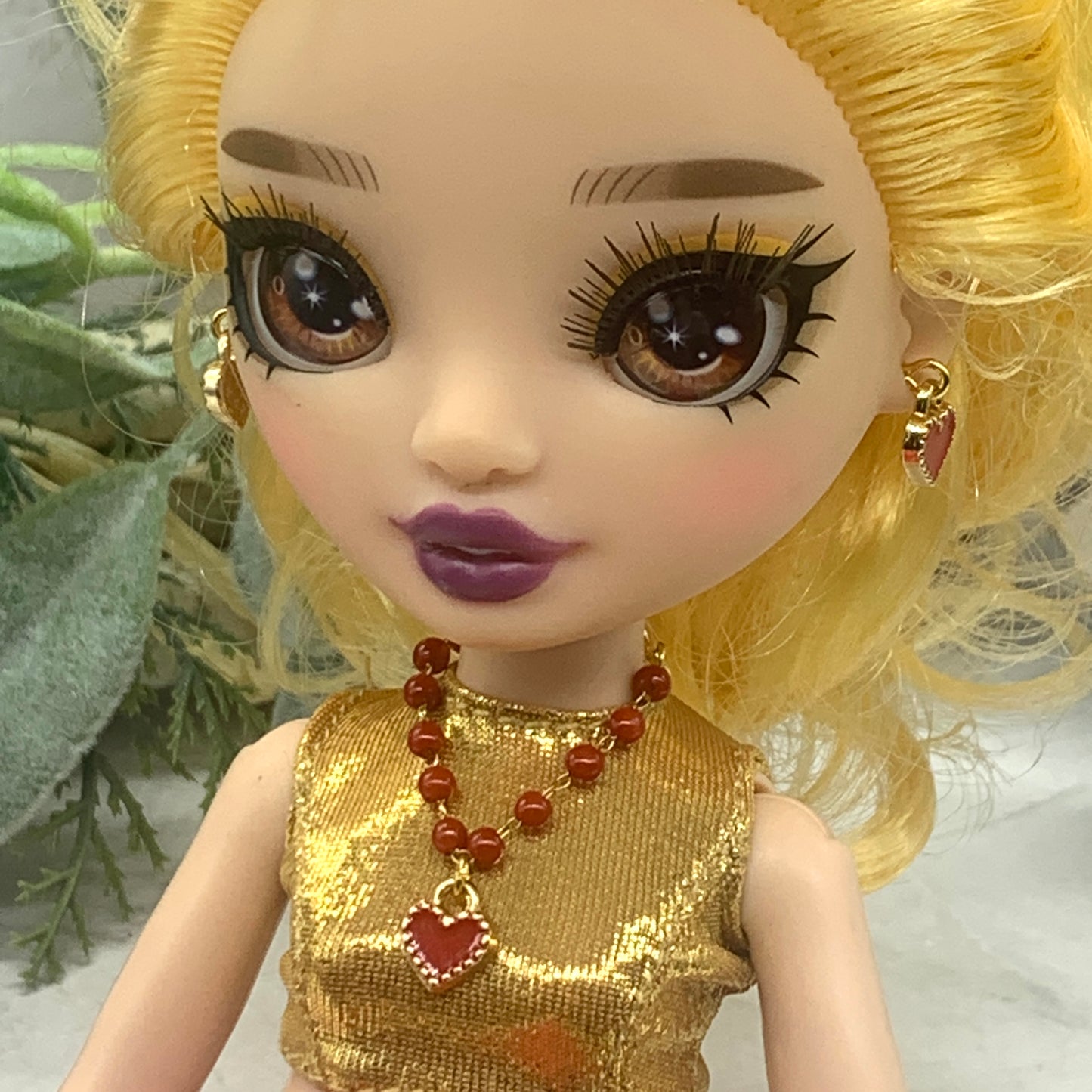 Red Heart Beaded Gold Chain Doll Necklace Earring Set 10-12” Doll Rainbow High
