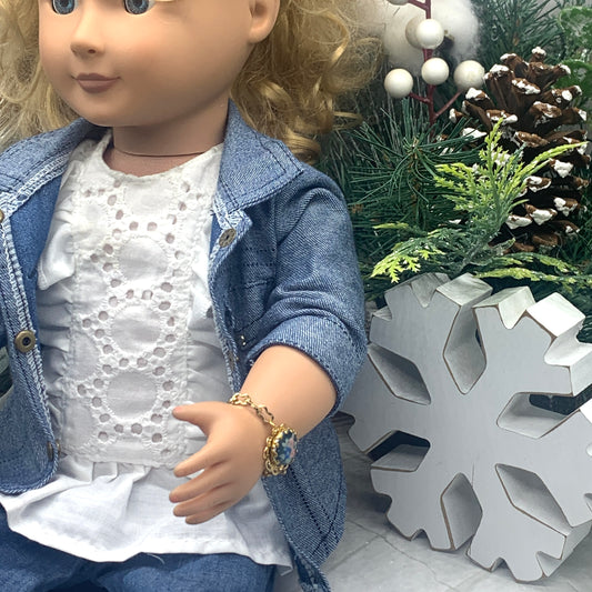 Blue Flower Rose Design Gold Filigree & Chain Doll Bracelet • 18” Doll Jewelry