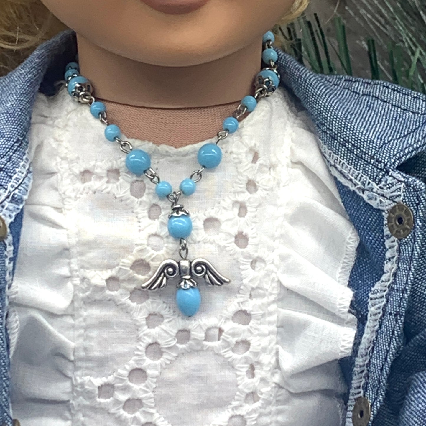 Blue Glass Bead Silver Angel Wings Pendant Necklace Earring Set 18” Doll Jewelry