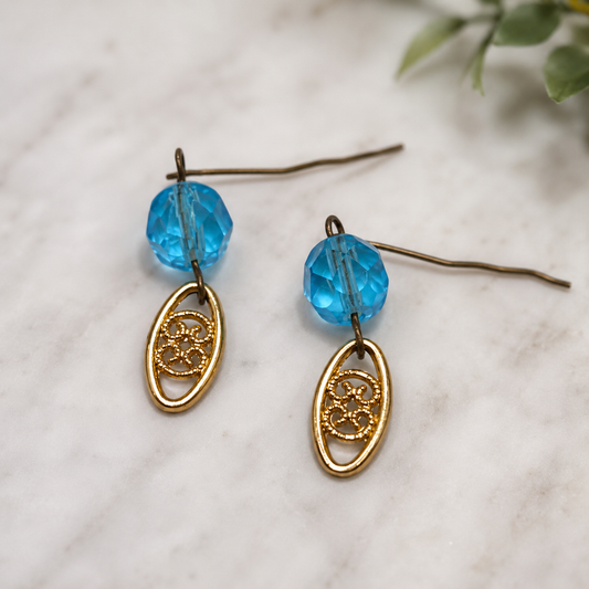 Turquoise Blue Glass Gold Dangle Doll Earrings for 18 Inch Fashion Doll • Doll Jewelry