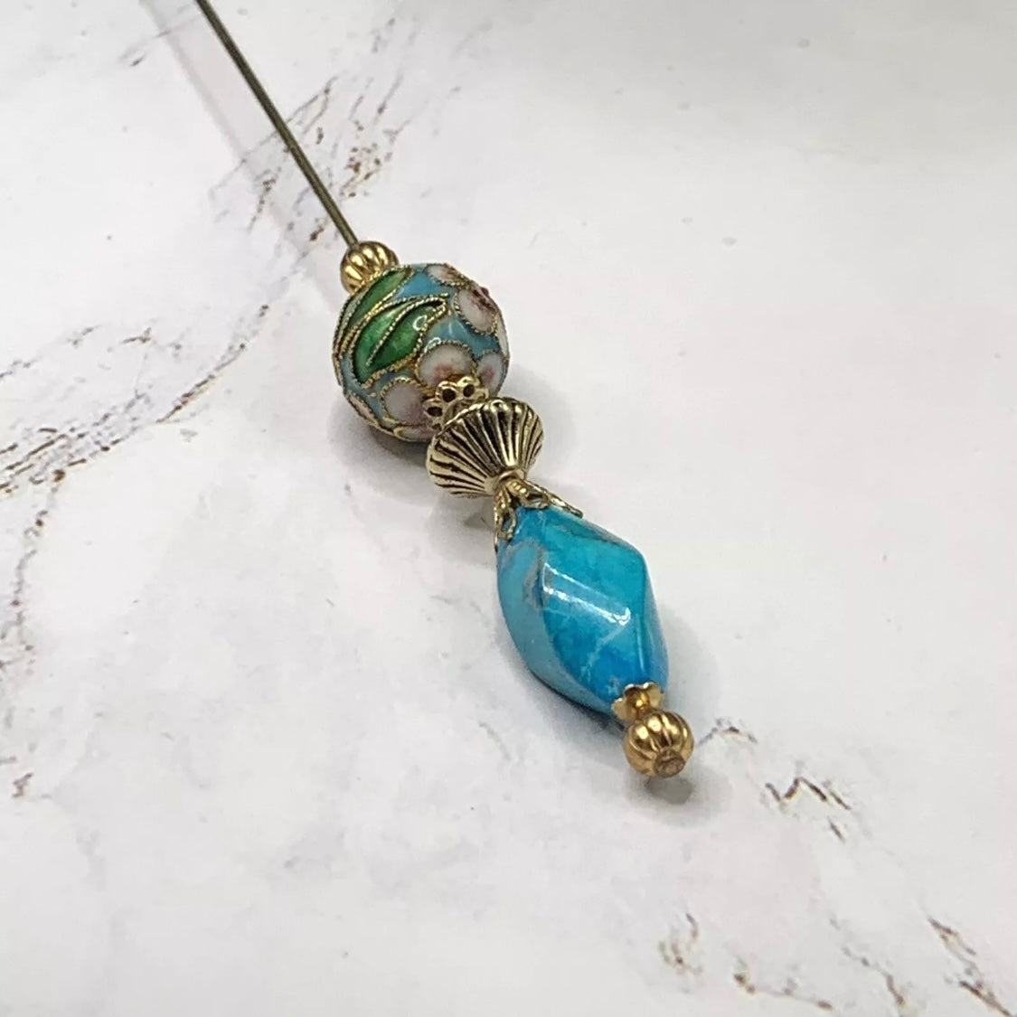 Turquoise Blue Gold Glass Cloisonné Flower Design - 6.75” • Hatpin - Stick Pin