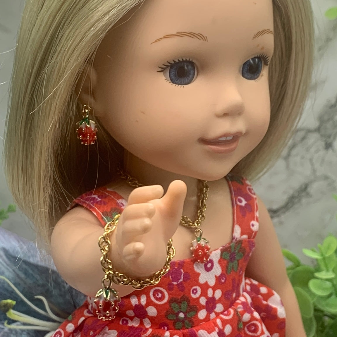 Strawberry Charm Gold Chain Doll Necklace Earring Bracelet Set 14” Wellie Wisher