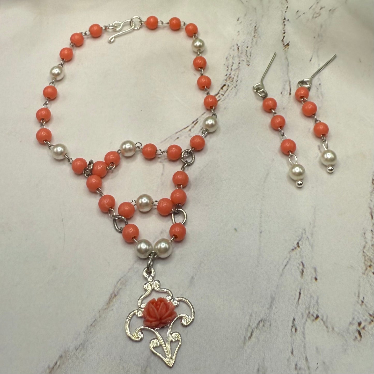 Coral Orange & Pearl Filigree Dangle Silver Doll Necklace & Earrings • 18 Inch Fashion Doll Jewelry