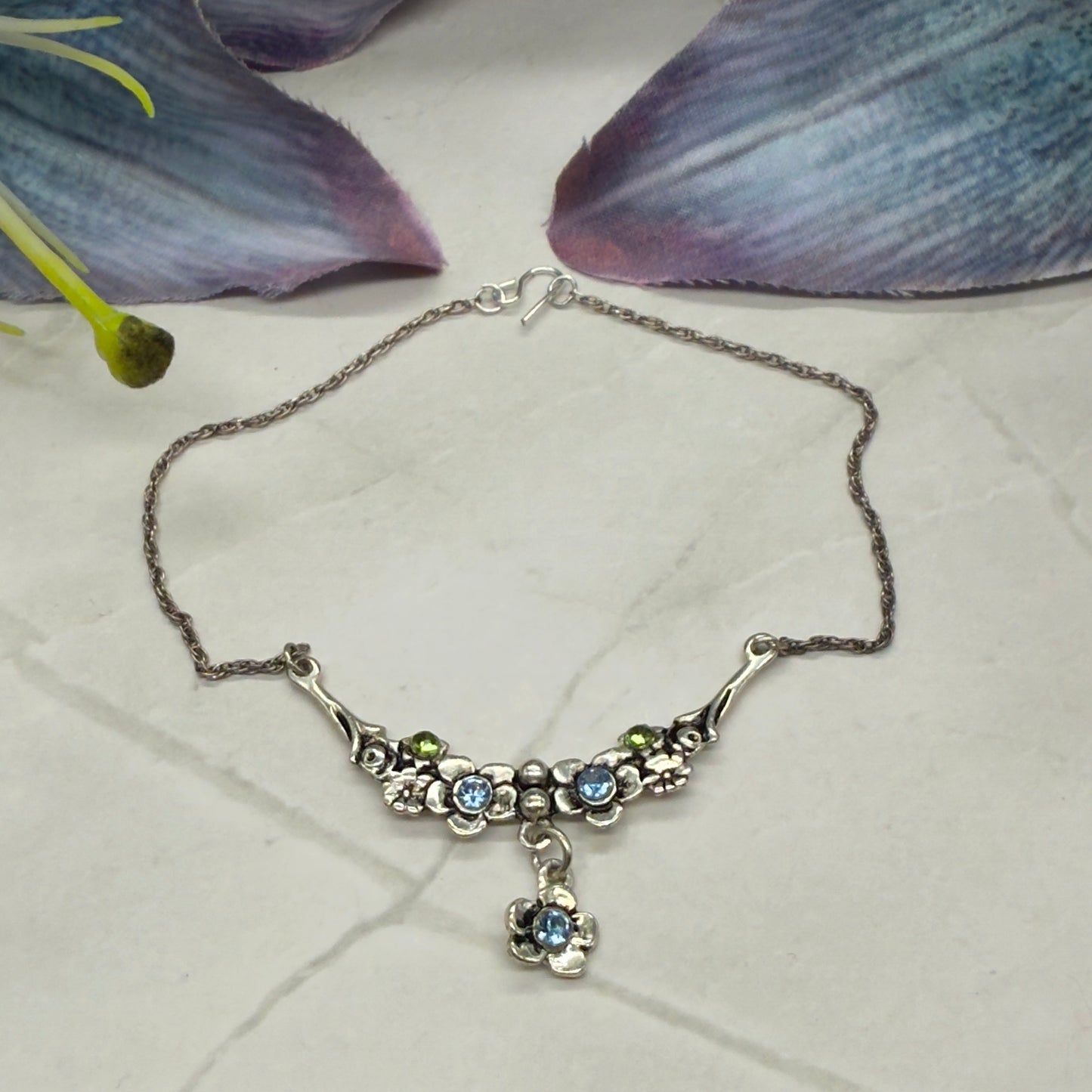 Silver Flower Design W/ Green Blue Rhinestone Doll Necklace • 18” Doll Jewelry