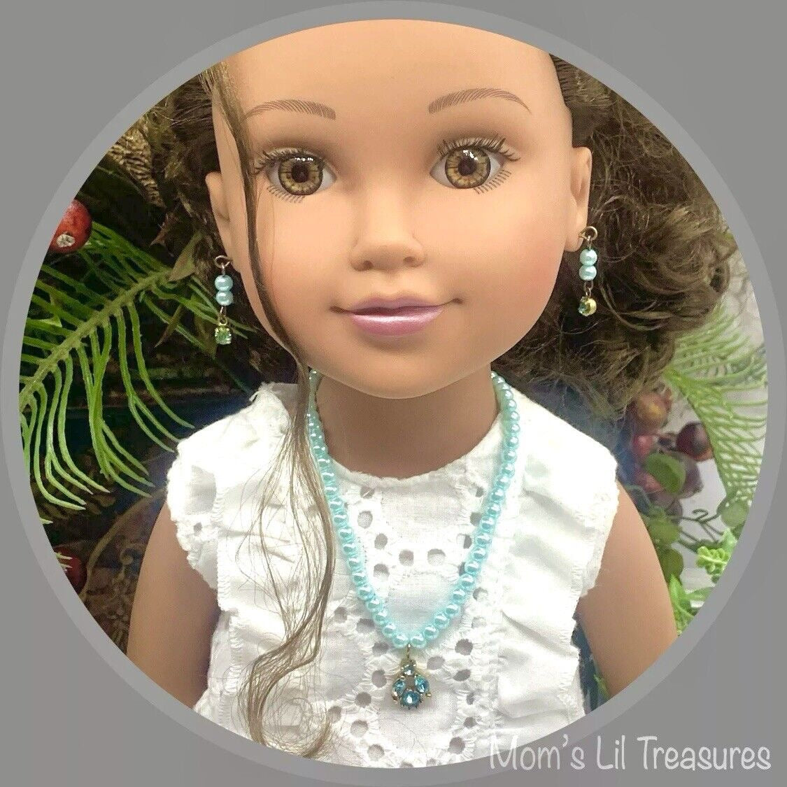Turquoise Pearl Rhinestone Pendant Doll Necklace Earring Set • 18” Doll Jewelry