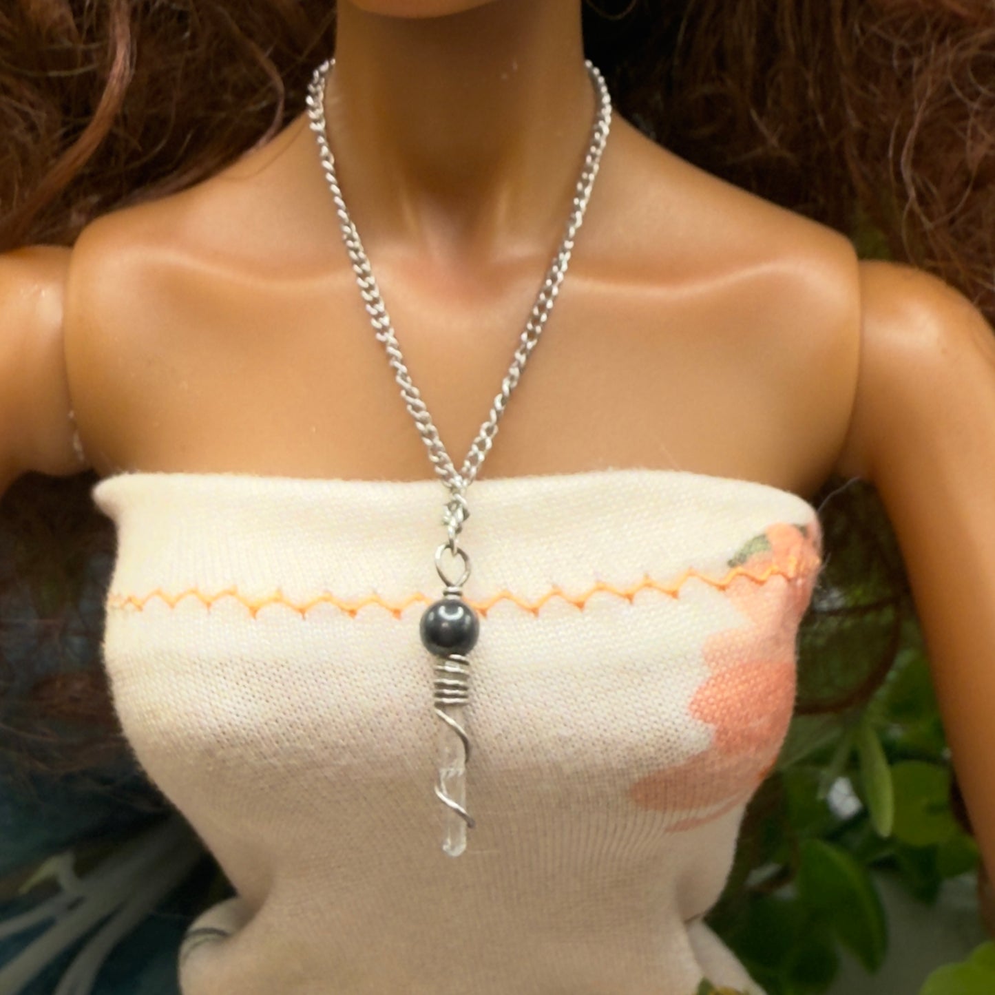 Metallic Gray Quartz Crystal Pendant Doll Necklace • 16 Inch Fashion Doll Jewelry