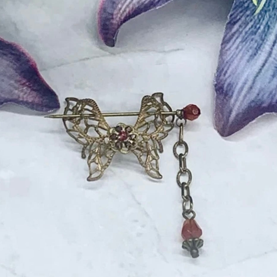 Butterfly Filigree Hair Clip Barrette Chain Dangle Red Crystal Hair Pin