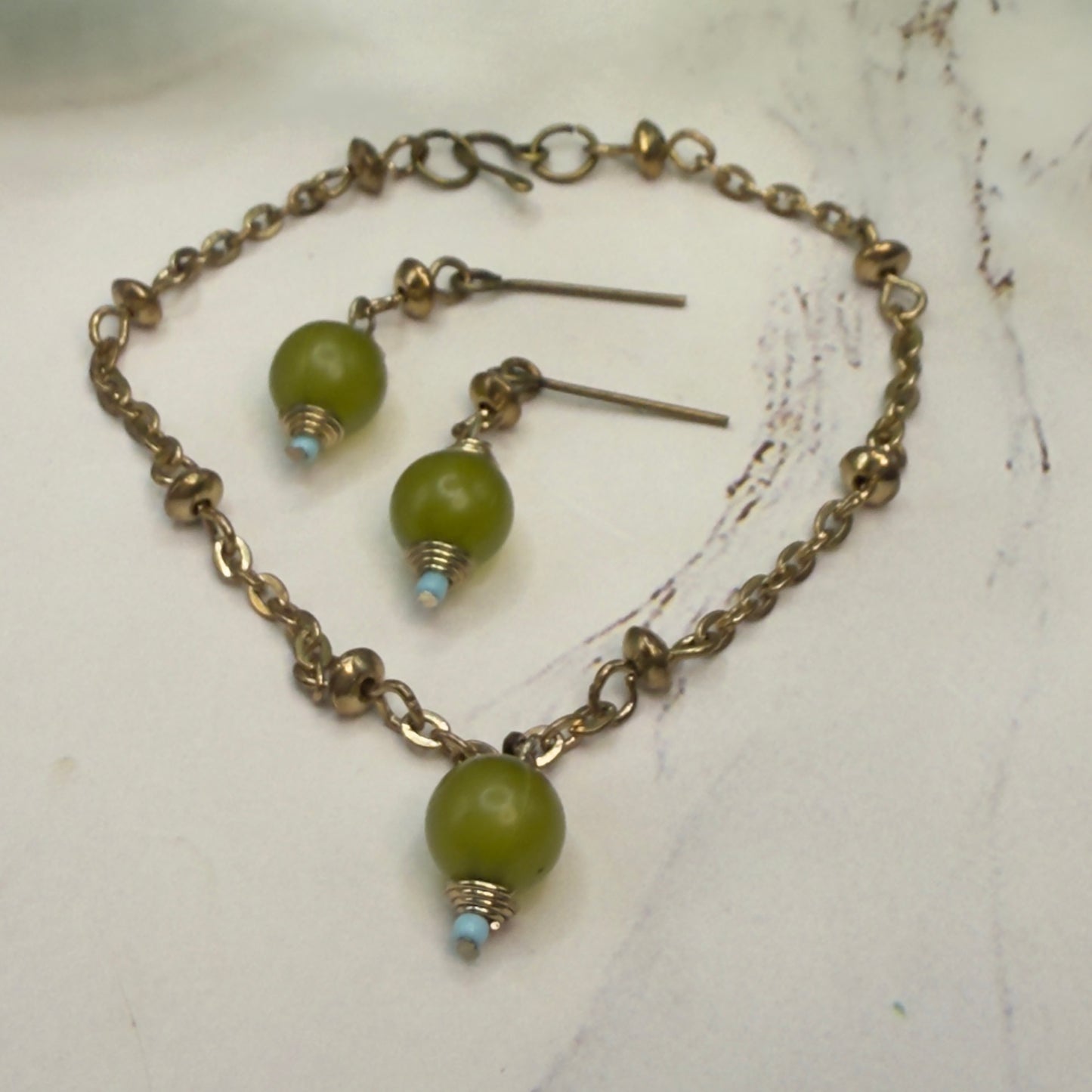 Light Olive Green Drop Gold Chain Doll Necklace & Earrings Set • 18 Inch Fashion Doll Jewelry