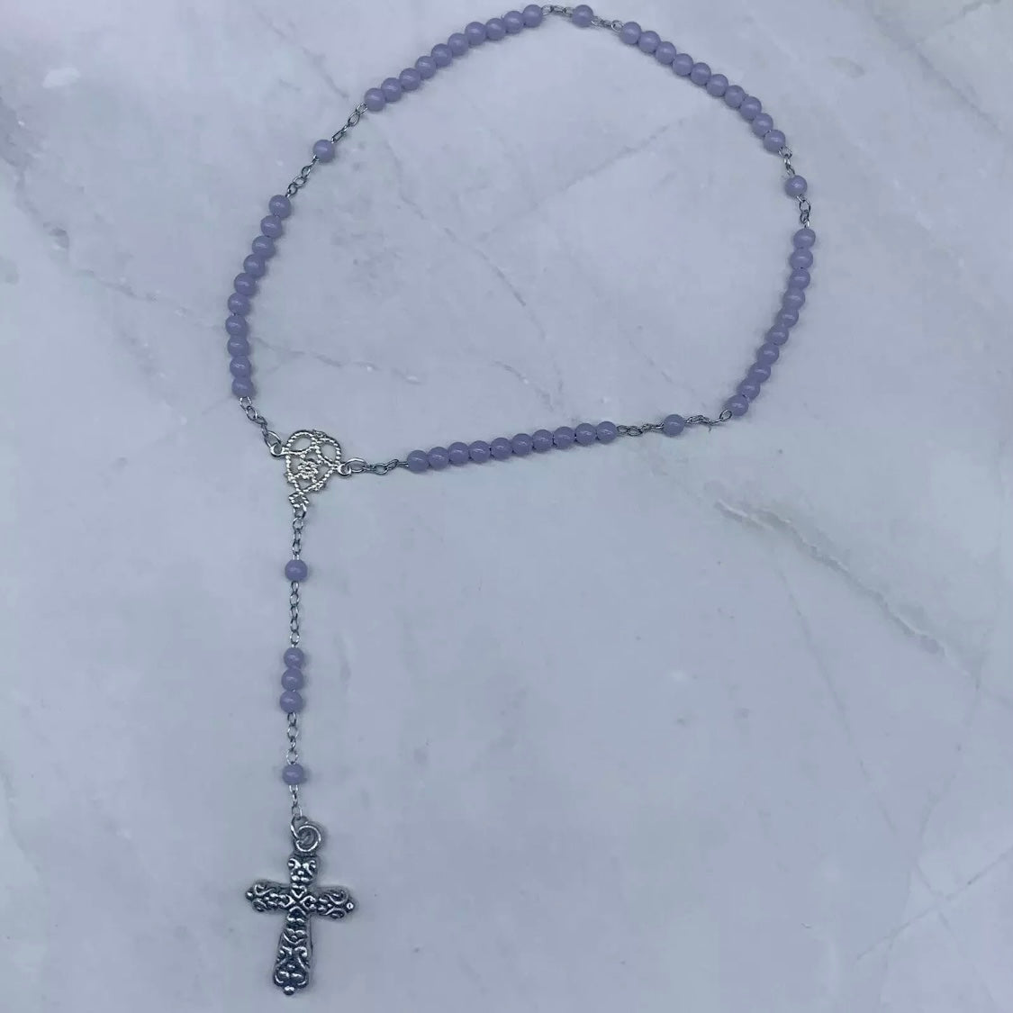 Catholic Rosary Doll Size Light Purple Beaded Silver Cross