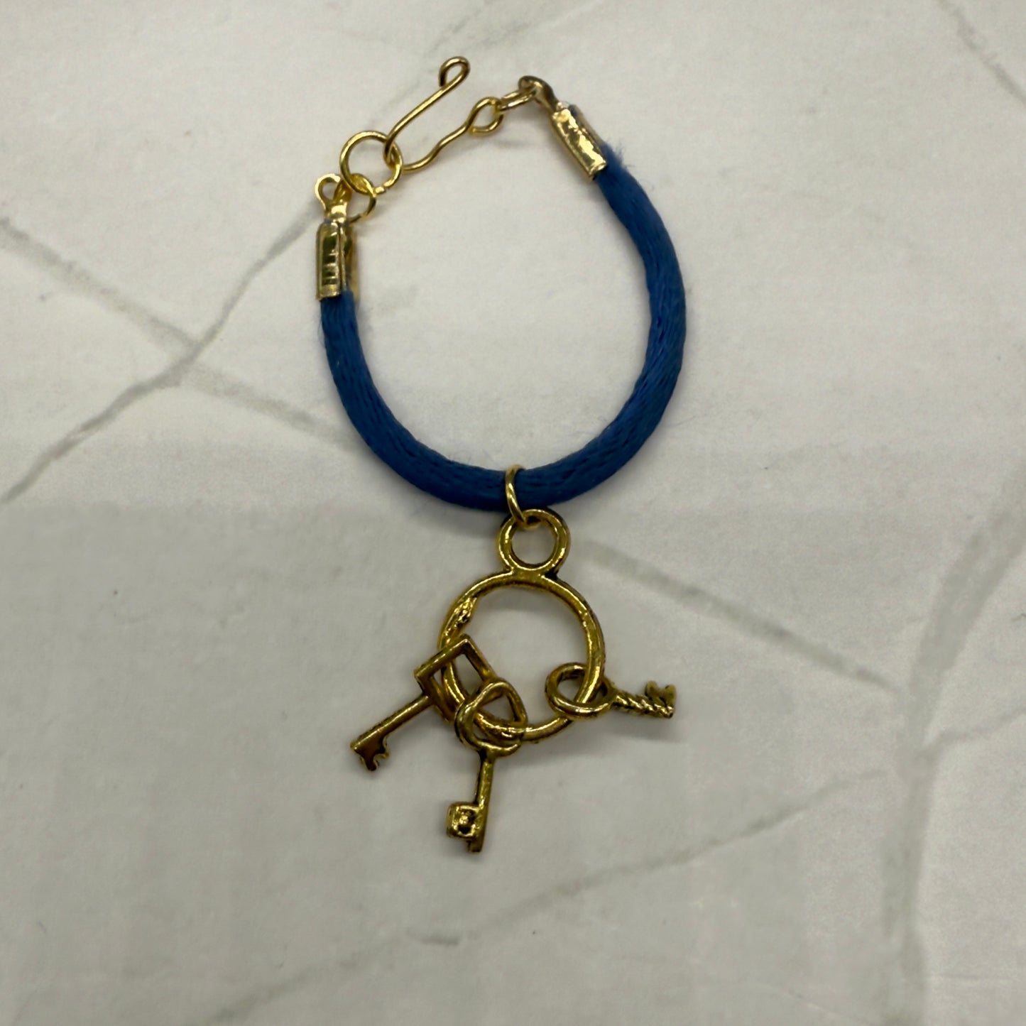 Blue Fabric Cord Doll Necklace Gold Keys Pendant • 14” Fashion Doll Jewelry