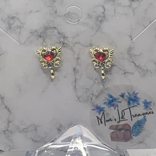 Red Rhinestone Gold Heart Post Doll Earrings 2mm Post • fits 18” American Girl