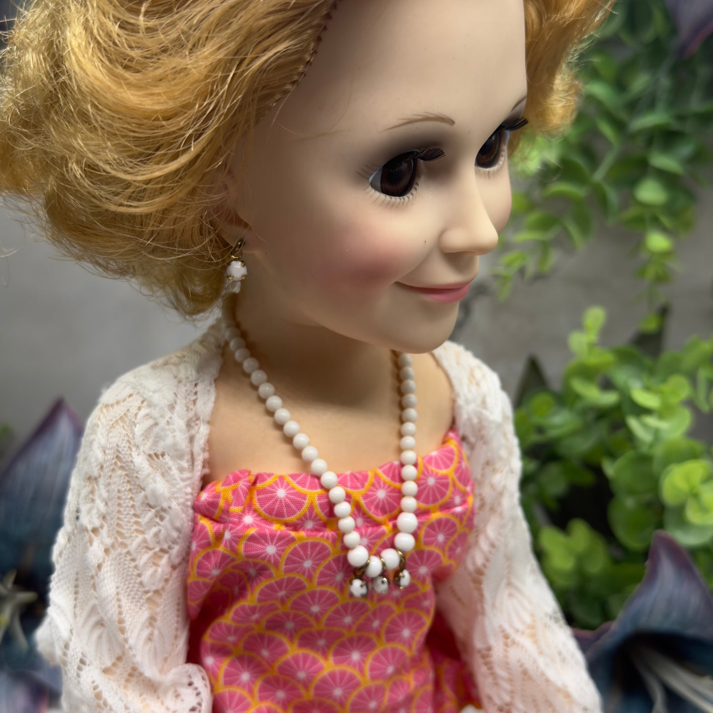 White Rhinestone & Glass Beaded Doll Necklace & Earrings Set • 18 Inch Fashion Doll Jewelry