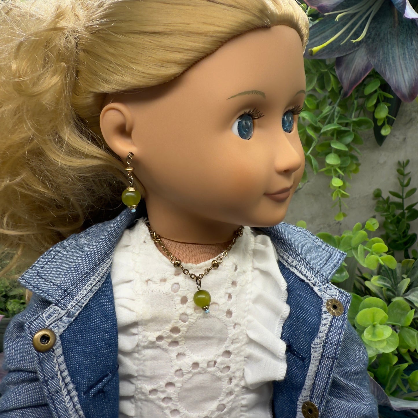 Light Olive Green Drop Gold Chain Doll Necklace & Earrings Set • 18 Inch Fashion Doll Jewelry