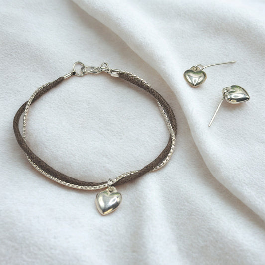Dual Strand Brown Cord Silver Chain Heart Charm Doll Necklace & Earrings Set • 18 Inch Fashion Doll Jewelry