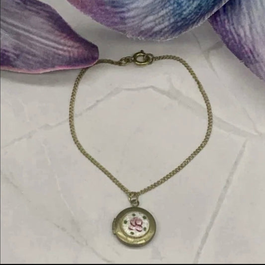 Round Locket Rose Pendant Gold Chain Doll Necklace for 18-22” Vintage Doll