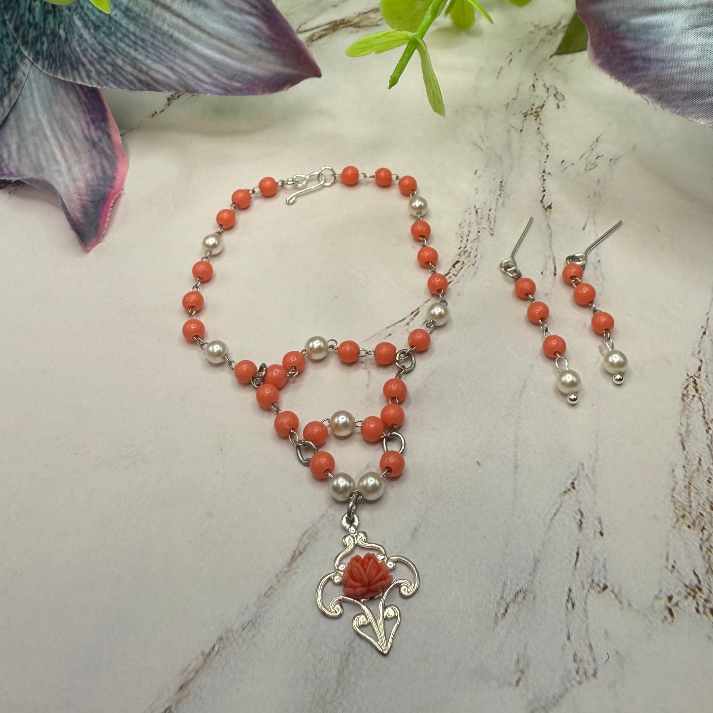 Coral Orange & Pearl Filigree Dangle Silver Doll Necklace & Earrings • 18 Inch Fashion Doll Jewelry