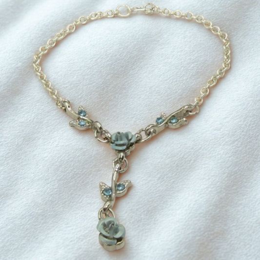 Light Blue & Silver 3D Rose Enamel & Rhinestone Accents Y-Design Doll Necklace • 18 Inch Fashion Doll Jewelry